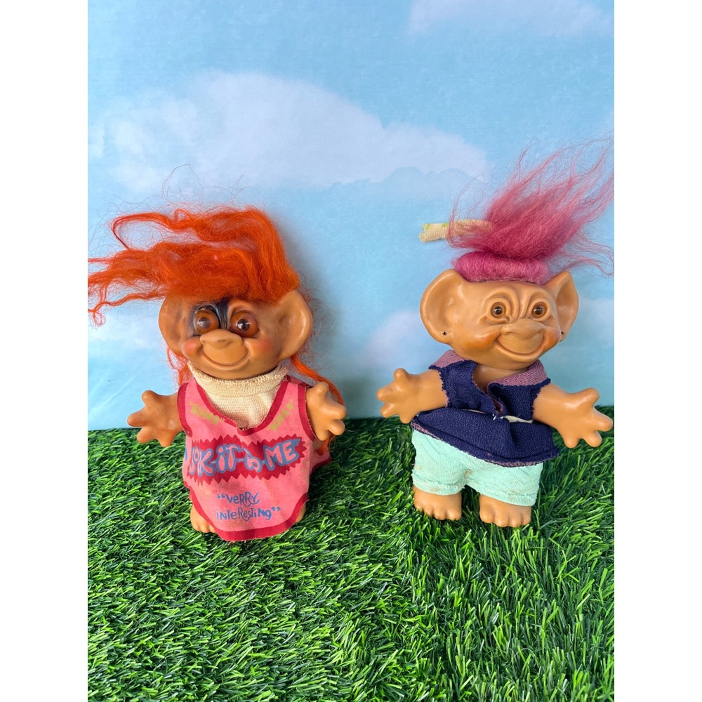Vintage Uneeda Wishnik Troll Dolls Lot of 2 Orange Pink Hair 1960s MCM LXVII